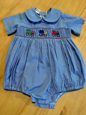 Blue Gingham Smocked Baby Bubble with Trucks